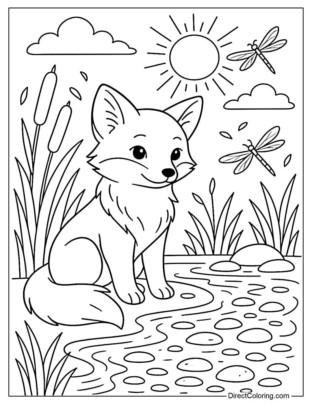 A coloring page of a little fox sitting by a calm lake, surrounded by reeds, a few dragonflies and pebbles that sparkle in the sunlight.